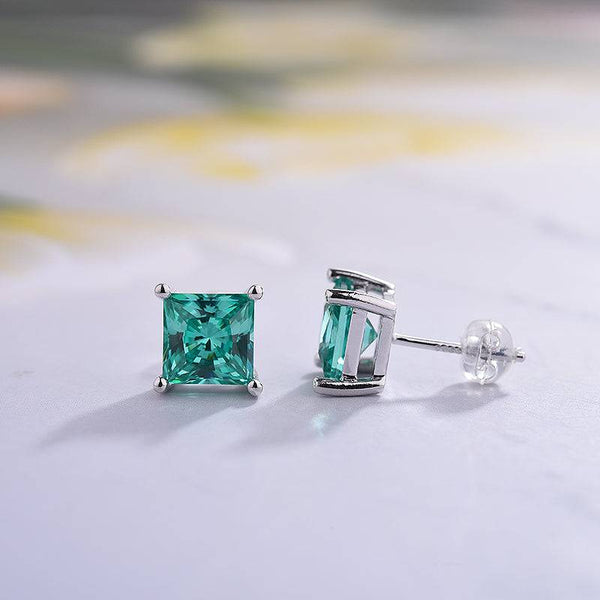 Louily Stunning Princess Cut Paraiba Tourmaline Stud Earrings In Sterling Silver