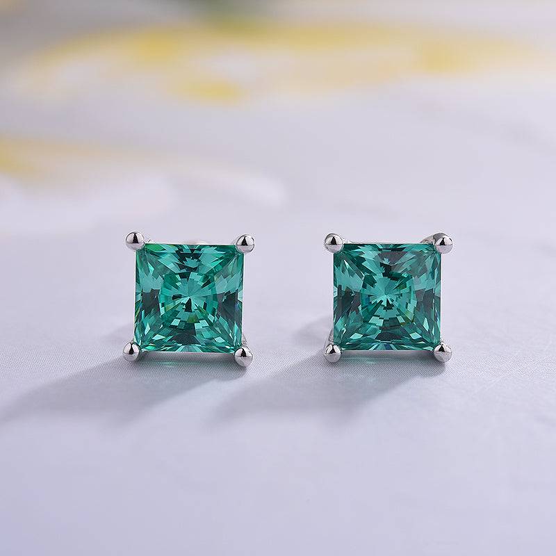Louily Stunning Square Princess Cut Paraiba Tourmaline Stud Earrings In Sterling Silver - louilyjewelry