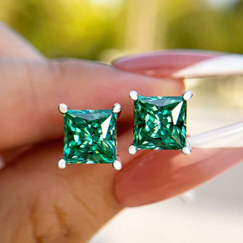 Louily Stunning Square Princess Cut Paraiba Tourmaline Stud Earrings In Sterling Silver - louilyjewelry