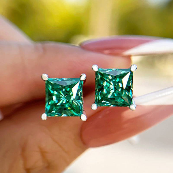 Louily Stunning Princess Cut Paraiba Tourmaline Stud Earrings In Sterling Silver