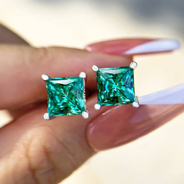 Louily Stunning Princess Cut Paraiba Tourmaline Stud Earrings In Sterling Silver