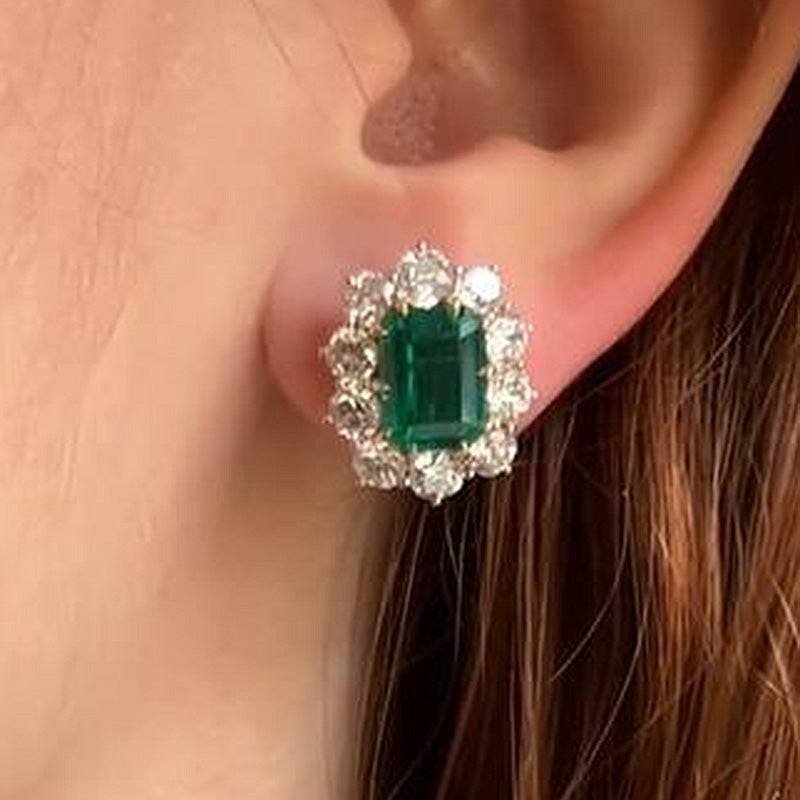 Louily Vintage Flower Design Emerald Cut Emerald Green Earrings In Sterling Silver - louilyjewelry