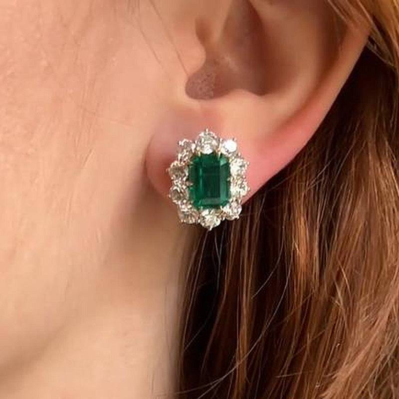 Louily Vintage Flower Design Emerald Cut Emerald Green Earrings In Sterling Silver - louilyjewelry