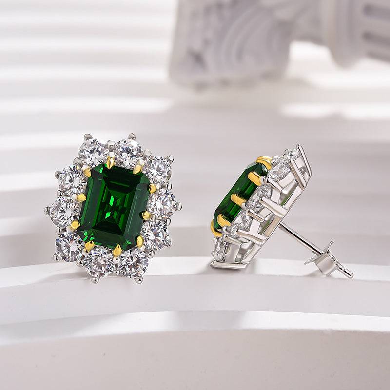 Louily Vintage Flower Design Emerald Cut Emerald Green Earrings In Sterling Silver - louilyjewelry