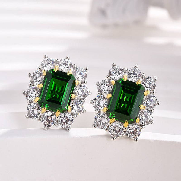 Louily Vintage Flower Design Emerald Cut Emerald Green Earrings In Sterling Silver