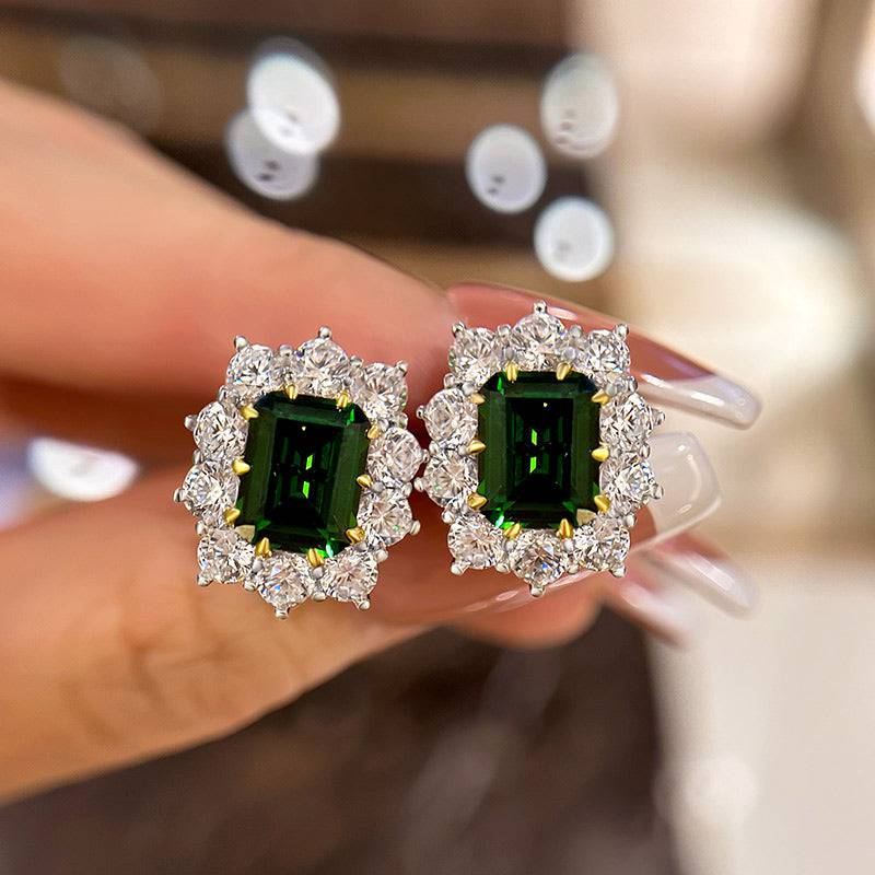 Louily Vintage Flower Design Emerald Cut Emerald Green Earrings In Sterling Silver - louilyjewelry