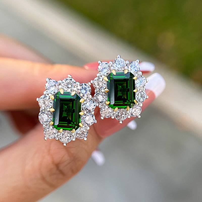 Louily Vintage Flower Design Emerald Cut Emerald Green Earrings In Sterling Silver - louilyjewelry