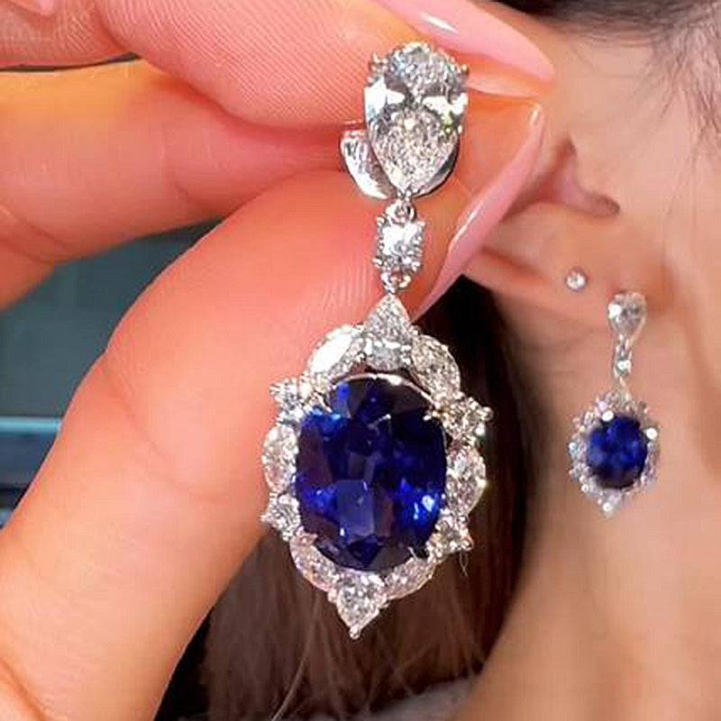 Vintage Halo Oval Cut Blue Sapphire Women's Earrings In Sterling Silver - louilyjewelry