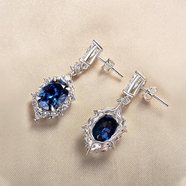 Vintage Halo Oval Cut Blue Sapphire Women's Earrings In Sterling Silver