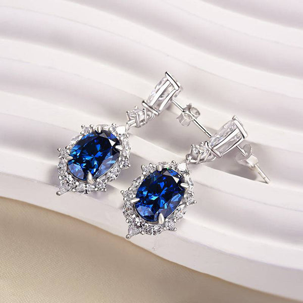 Vintage Halo Oval Cut Blue Sapphire Women's Earrings In Sterling Silver