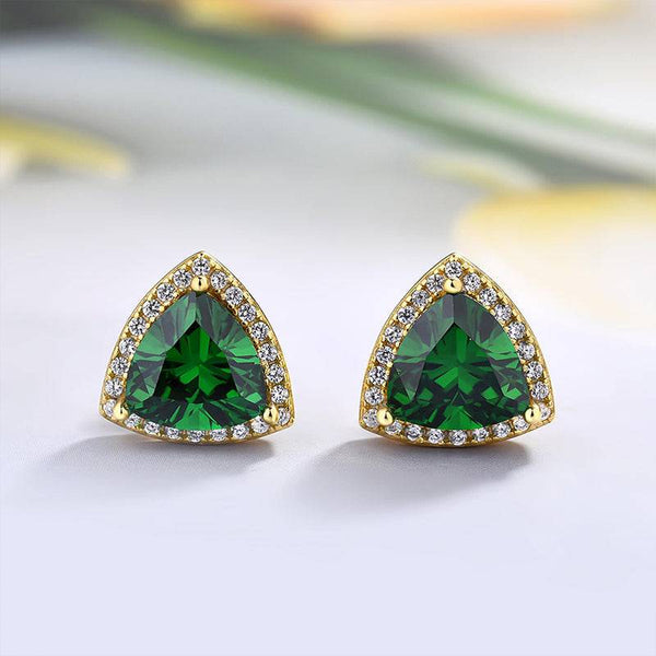 Louily Elegant Yellow Gold Trillion Cut Emerald Green Earrings In Sterling Silver