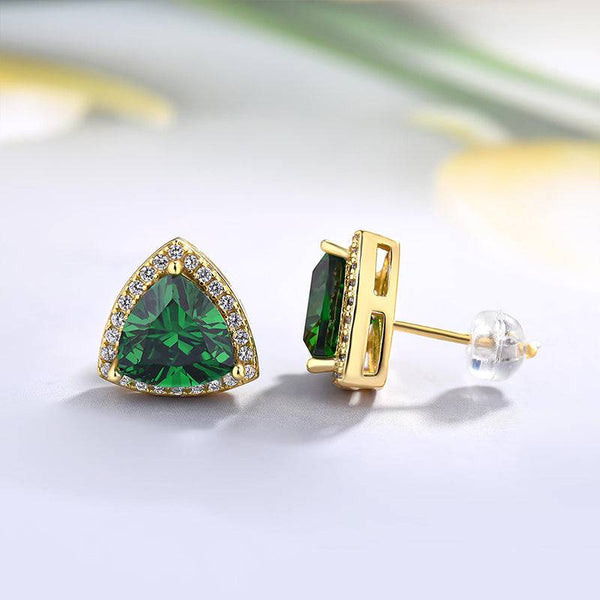 Louily Elegant Yellow Gold Trillion Cut Emerald Green Earrings In Sterling Silver