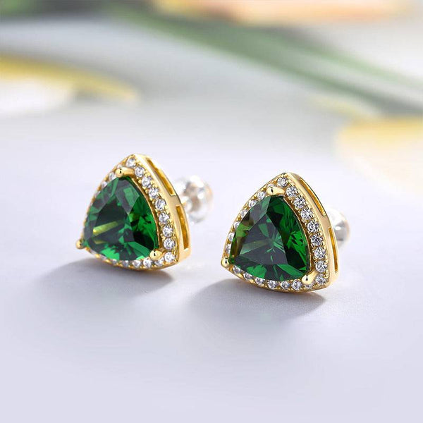 Louily Elegant Yellow Gold Trillion Cut Emerald Green Earrings In Sterling Silver