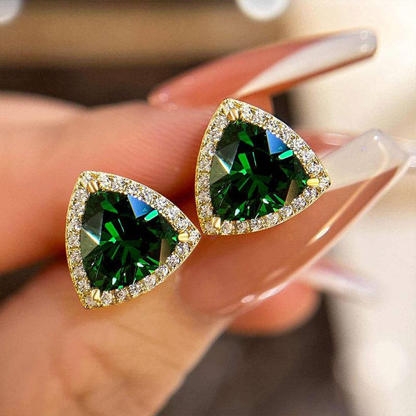 Louily Elegant Yellow Gold Trillion Cut Emerald Green Earrings In Sterling Silver