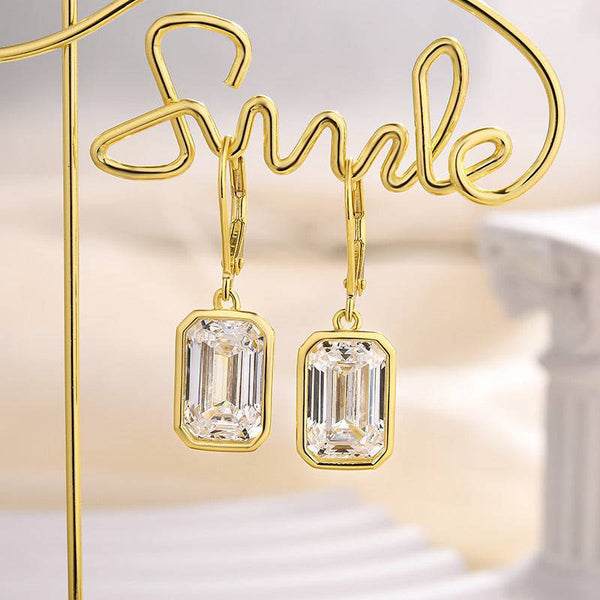 Louily Special Yellow Gold Bezel Emerald Cut Women's Earrings In Sterling Silver