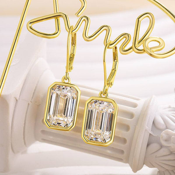 Louily Special Yellow Gold Bezel Emerald Cut Women's Earrings In Sterling Silver
