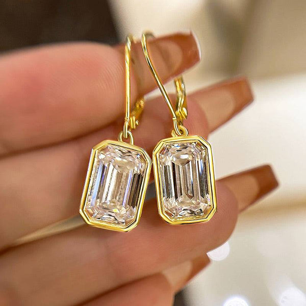 Louily Special Yellow Gold Bezel Emerald Cut Women's Earrings In Sterling Silver