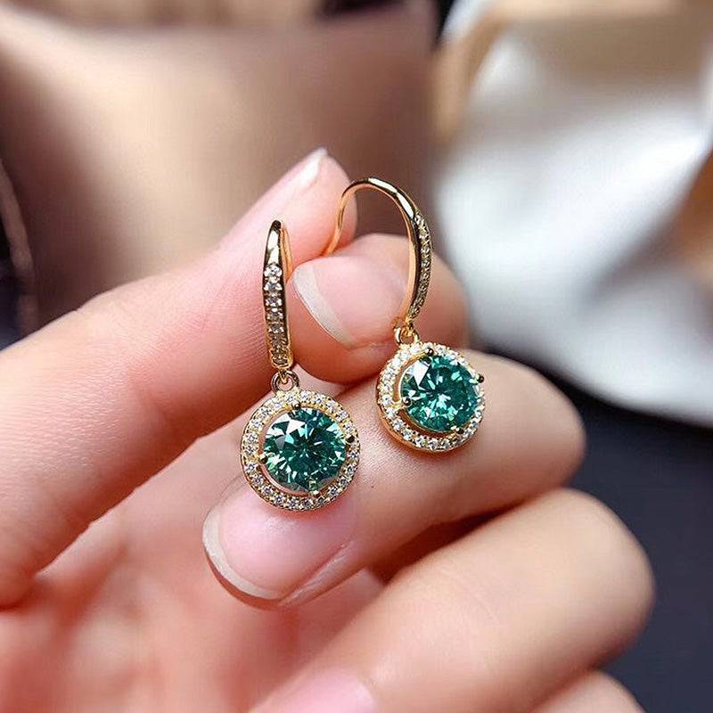 Louily Stunning Yellow Gold Halo Round Cut Paraiba Tourmaline Drop Earrings In Sterling Silver - louilyjewelry
