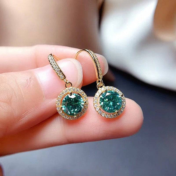Louily Stunning Yellow Gold Halo Round Cut Paraiba Tourmaline Drop Earrings In Sterling Silver