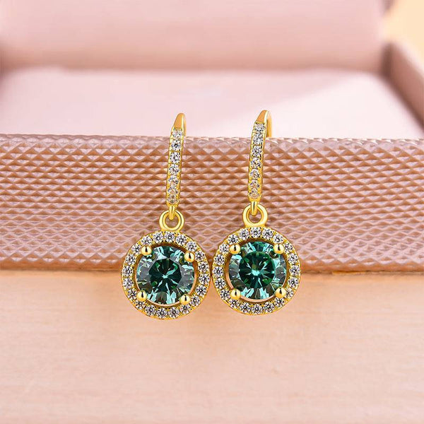 Louily Stunning Yellow Gold Halo Round Cut Paraiba Tourmaline Drop Earrings In Sterling Silver