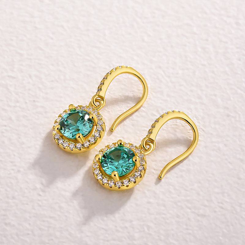 Louily Stunning Yellow Gold Halo Round Cut Paraiba Tourmaline Drop Earrings In Sterling Silver - louilyjewelry
