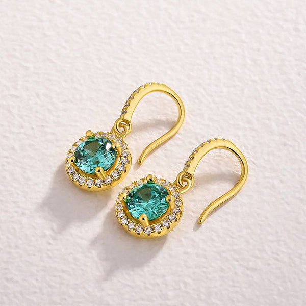 Louily Stunning Yellow Gold Halo Round Cut Paraiba Tourmaline Drop Earrings In Sterling Silver