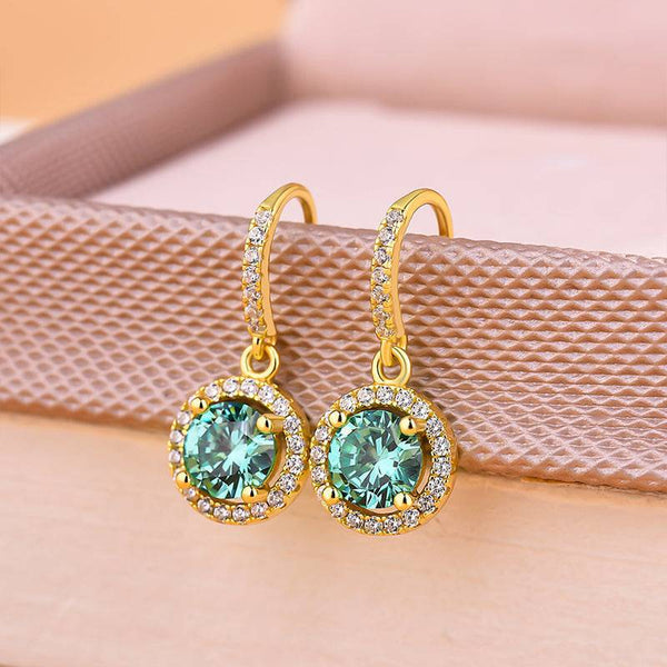 Louily Stunning Yellow Gold Halo Round Cut Paraiba Tourmaline Drop Earrings In Sterling Silver