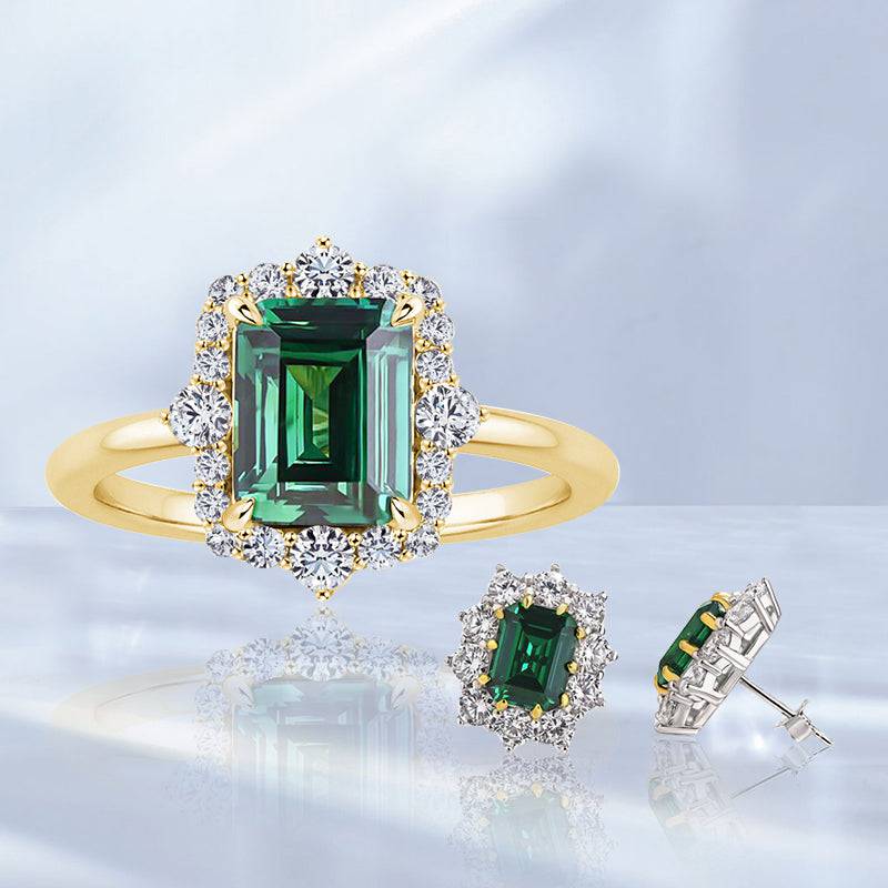Louily Luxury Halo Emerald Cut Emerald Green 2PC Jewelry Set - louilyjewelry