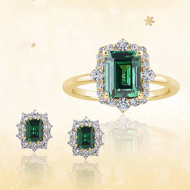 Louily Luxury Halo Emerald Cut Emerald Green 2PC Jewelry Set - louilyjewelry