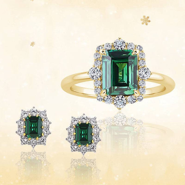 Louily Luxury Halo Emerald Cut Emerald Green 2PC Jewelry Set