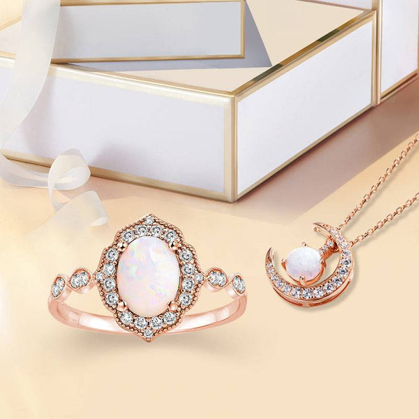Louily Vintage Rose Gold Opal Stone 2PC Jewelry Set