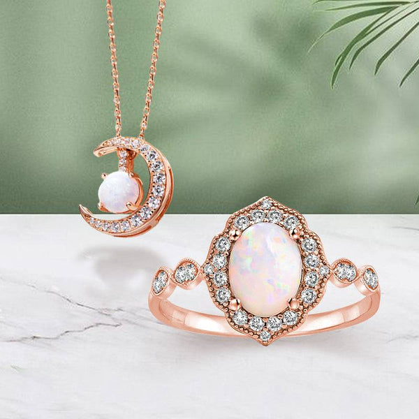 Louily Vintage Rose Gold Opal Stone 2PC Jewelry Set