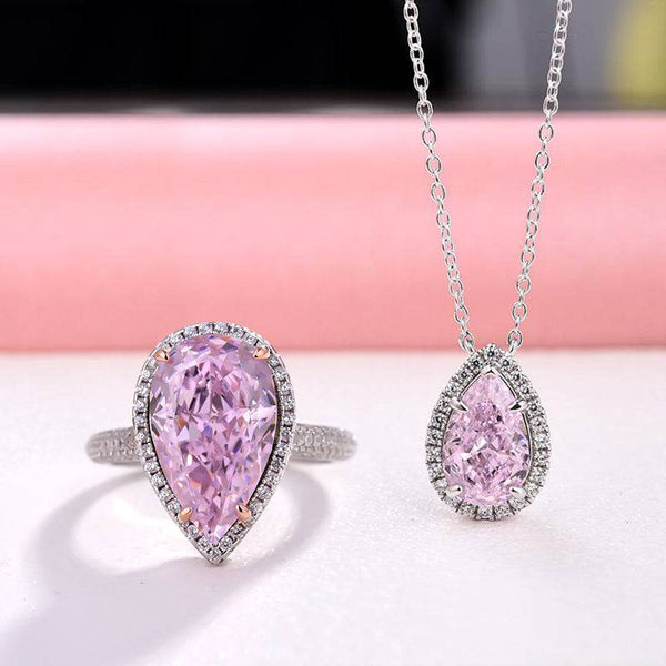 Louily Elegant Halo Pear Cut Pink Sapphire 2PC Jewelry Set In Sterling Silver