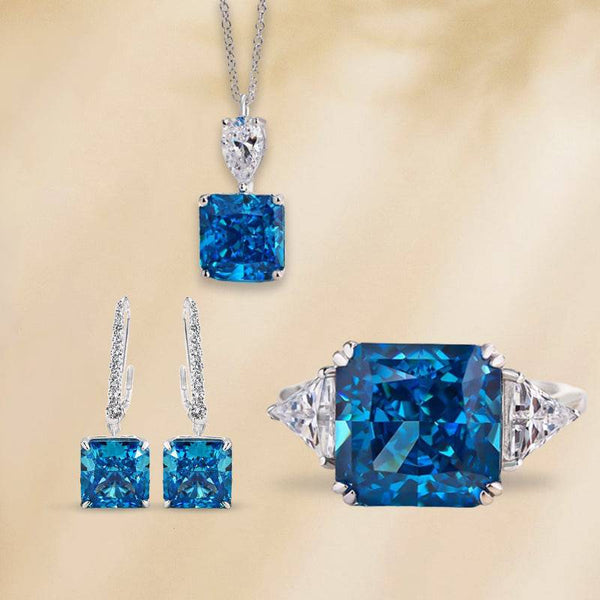 Louily Excellent Blue Sapphire Radiant Cut 3PC Jewelry Set