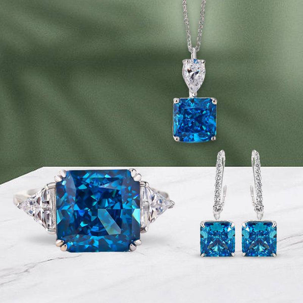 Louily Excellent Blue Sapphire Radiant Cut 3PC Jewelry Set