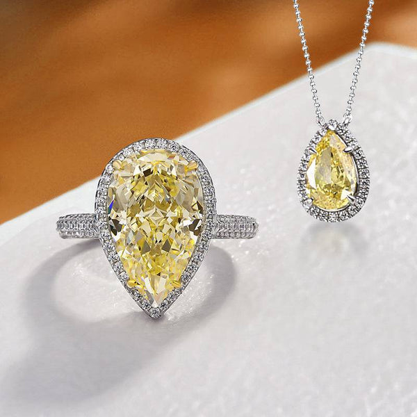 Louily Exquisite Halo Pear Cut Yellow Sapphire 2PC Jewelry Set In Sterling Silver