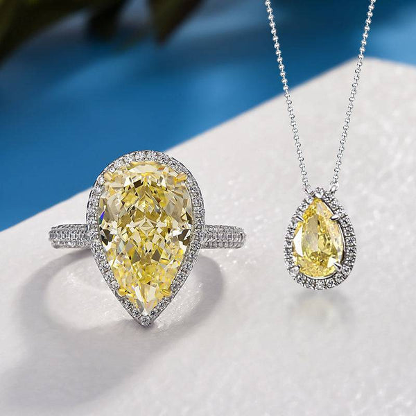 Louily Exquisite Halo Pear Cut Yellow Sapphire 2PC Jewelry Set In Sterling Silver