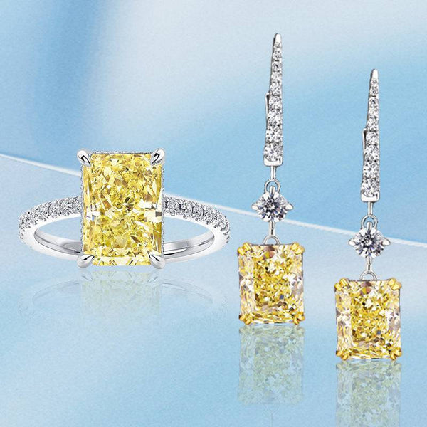 Louily Exquisite Radiant Cut Yellow Sapphire 2PC Jewelry Set