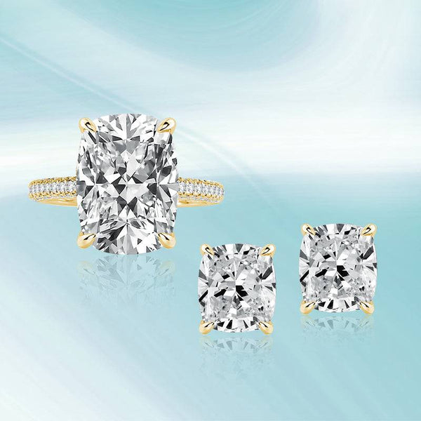 Louily Noble Yellow Gold Crushed Ice Cushion Cut 2PC Jewelry Set