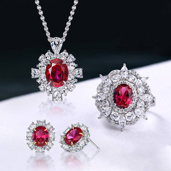 Louily Exclusive Ruby Oval Cut Halo 3PC Jewelry Set In Sterling Silver