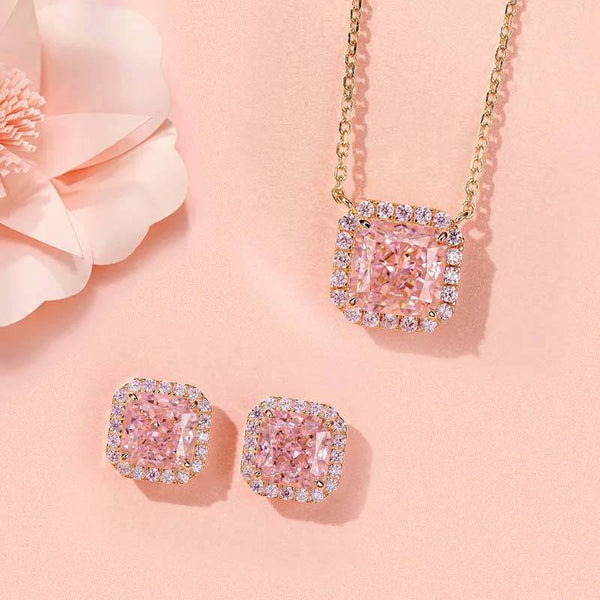Louily Rose Gold Halo Radiant Cut Pink Sapphire 2PC Jewelry Set In Sterling Silver