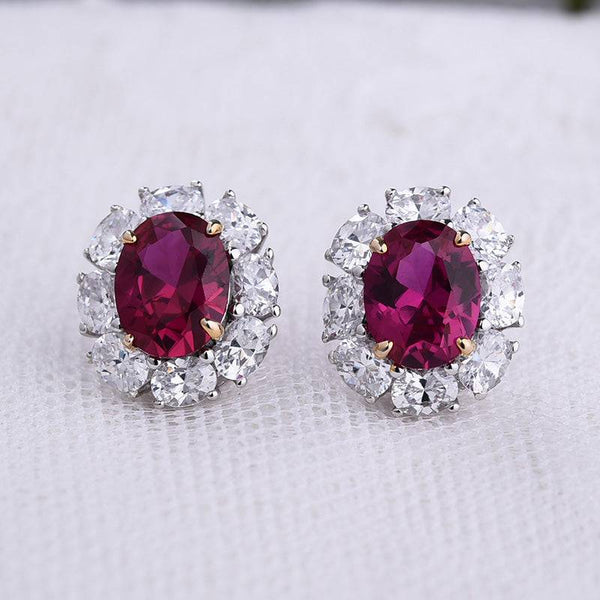 Louily Gorgeous Ruby Oval Cut Halo 2PC Jewelry Set In Sterling Silver