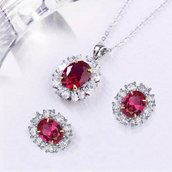 Louily Gorgeous Ruby Oval Cut Halo 2PC Jewelry Set In Sterling Silver