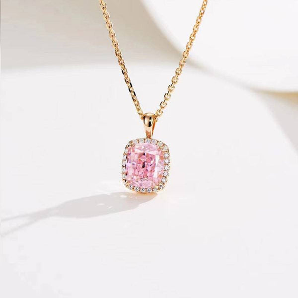 Louily Elegant Halo Cushion Cut Pink Stone Pendant Necklace