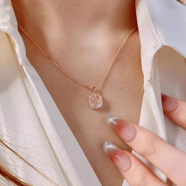 Louily Elegant Halo Cushion Cut Pink Stone Pendant Necklace