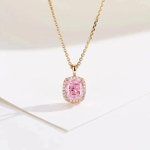 Louily Elegant Halo Cushion Cut Pink Stone Pendant Necklace