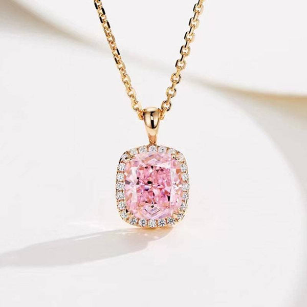 Louily Elegant Halo Cushion Cut Pink Stone Pendant Necklace