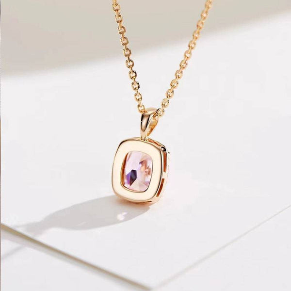 Louily Elegant Halo Cushion Cut Pink Stone Pendant Necklace