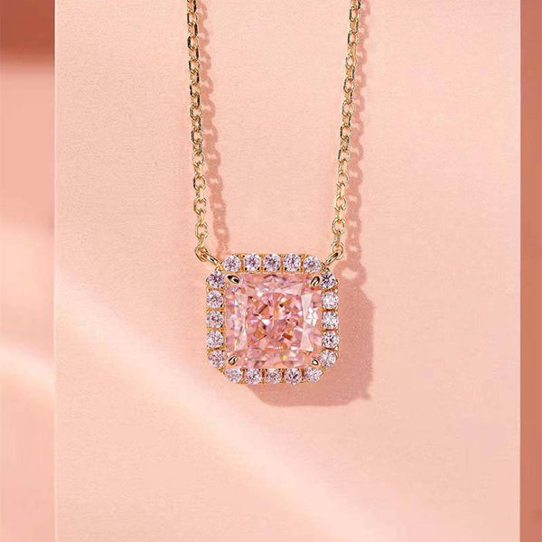 Louily Elegant Halo Radiant Cut Pink Sapphire Pendant Necklace In Sterling Silver