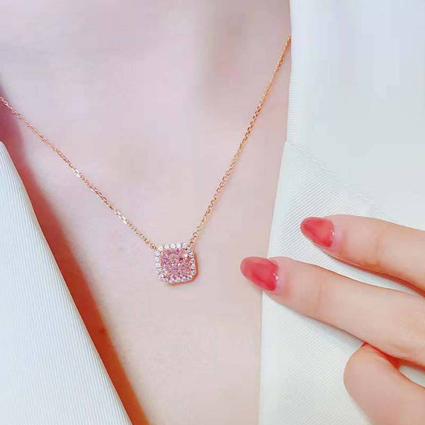 Louily Elegant Halo Radiant Cut Pink Sapphire Pendant Necklace In Sterling Silver